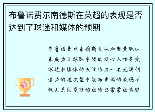 布鲁诺费尔南德斯在英超的表现是否达到了球迷和媒体的预期 布鲁诺费尔南德斯在英超的表现是否达到了球迷和媒体的预期